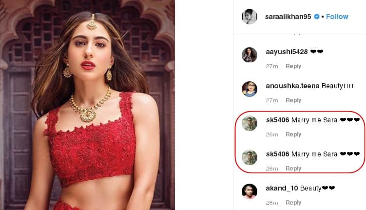 Fan proposing Sara Ali khan on her new instagram Photo post