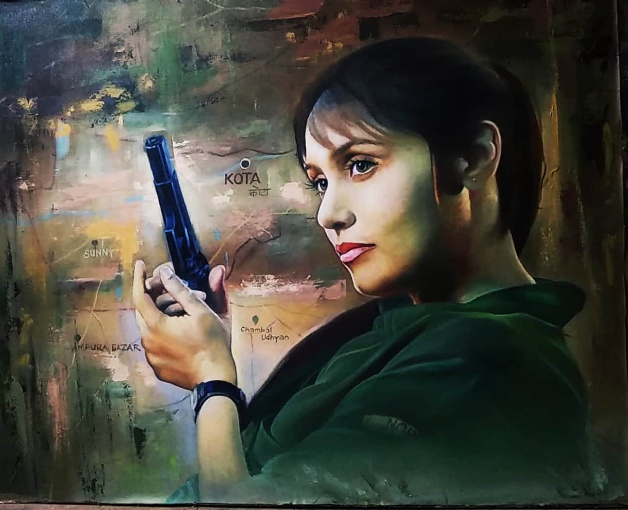 a crew member of Mardani 2 give painting to Rani Mukerji