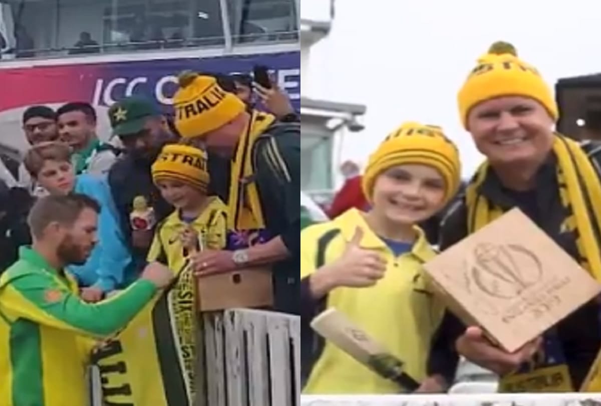 David Warner gives his man of the match award to young fans after pakistan match
