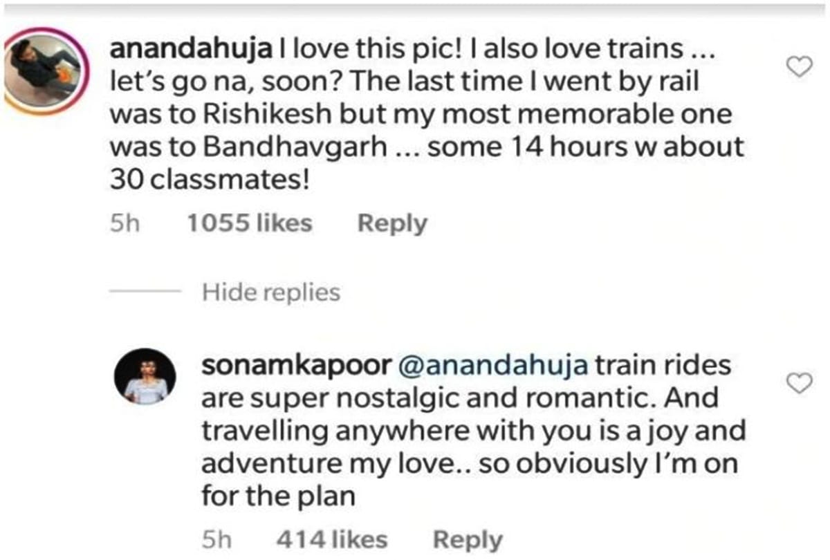 Anand Ahuja Comment on Sonam kapoor train travel Throwback Photo