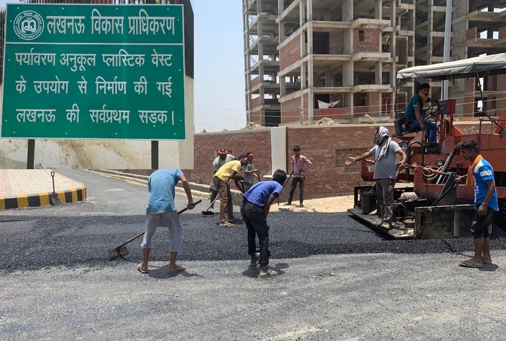 lucknow first road made of polythene carry bags.