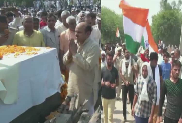 Last rites of Aircraftman Shaheed Pankaj Sangwan at Kohla village in Sonipat