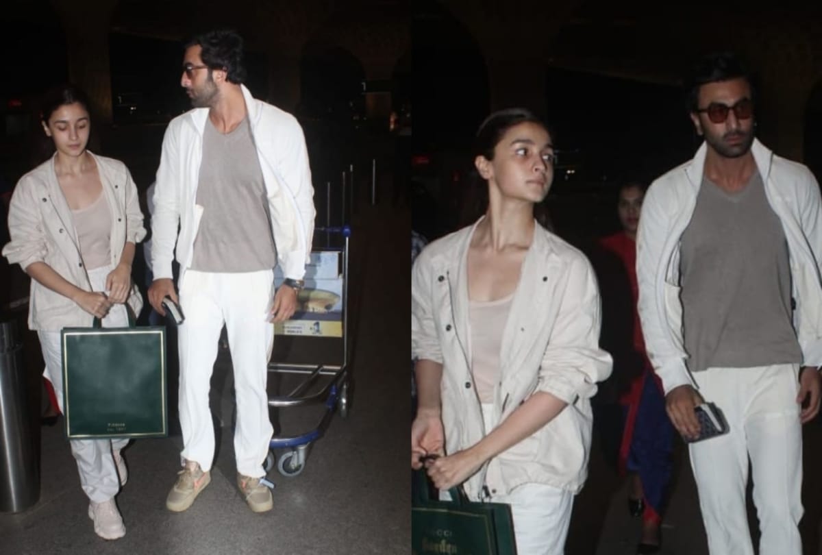 Ranbir Kapoor Alia Bhatt twinning in white flaunts a Gucci bag