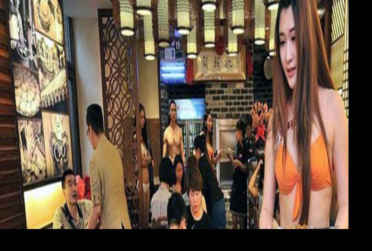 china restaurant female waiters serve food in bikni