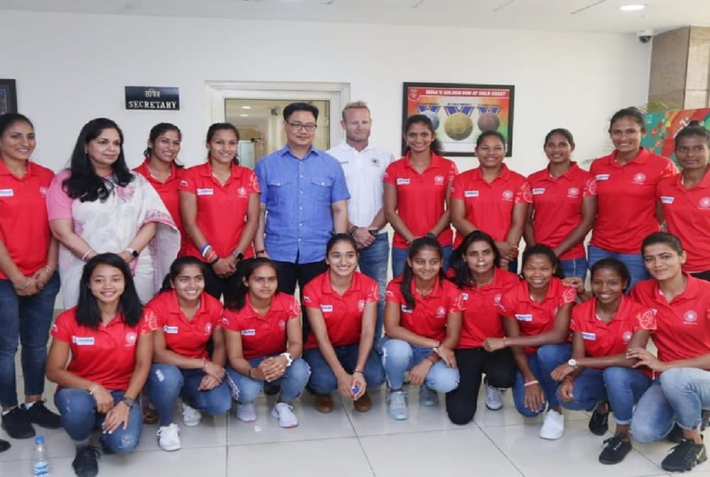 Sports Minister Kiren Rijiju felicitates victorious Indian women's hockey team