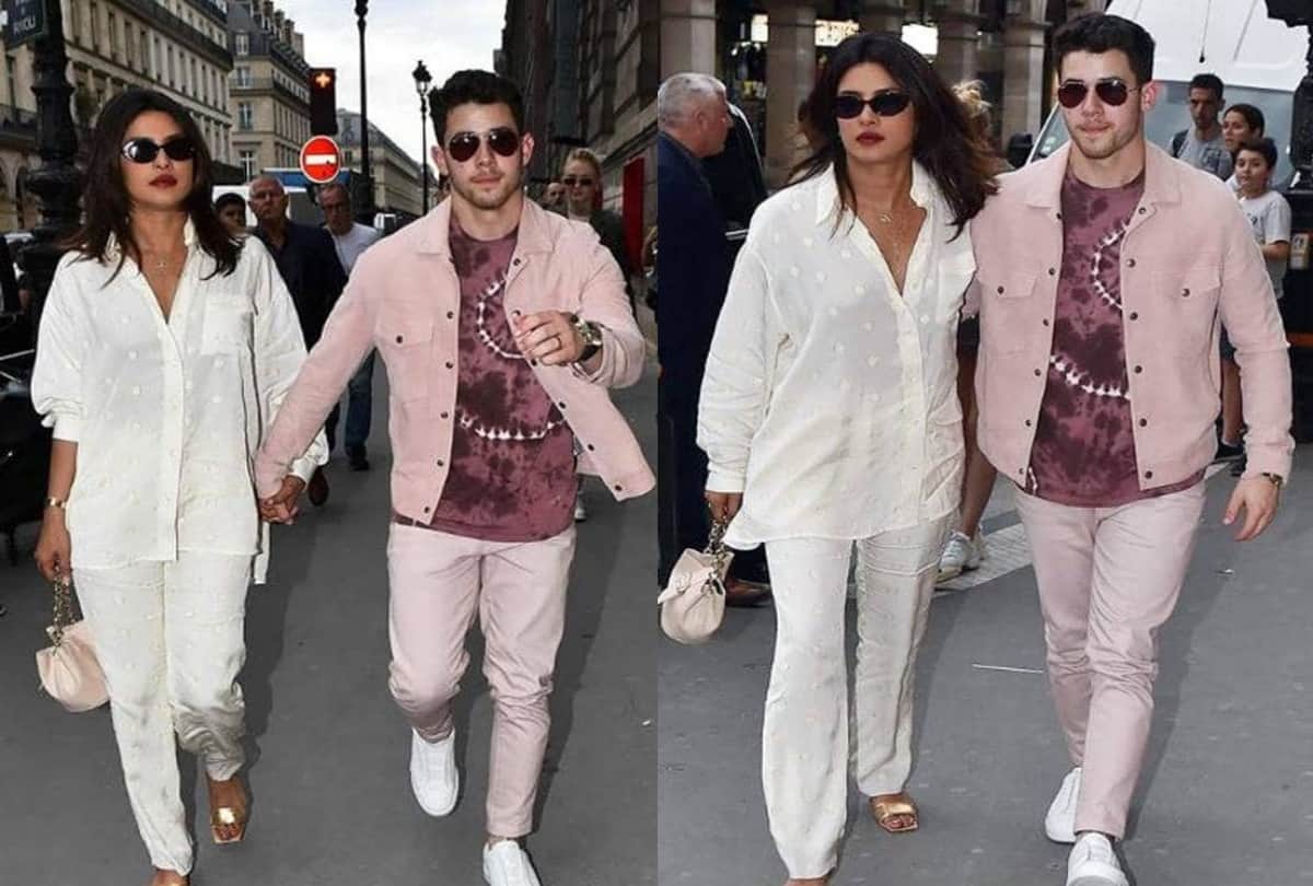 priyanka chopra spot in pink mini dress with husband nick jonas in paris