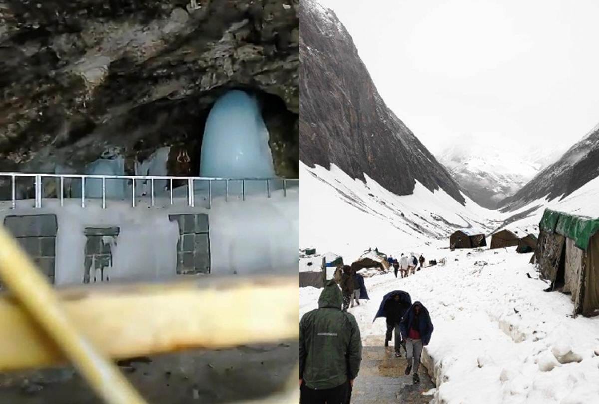 snow fall around holy cave in amarnath jammu kashmir
