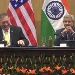 प्रेसवार्ता के दौरान अमेरिका के विदेश मंत्री माइक पोम्पिओ और भारतीय विदेश मंत्री एस जयशंकर
