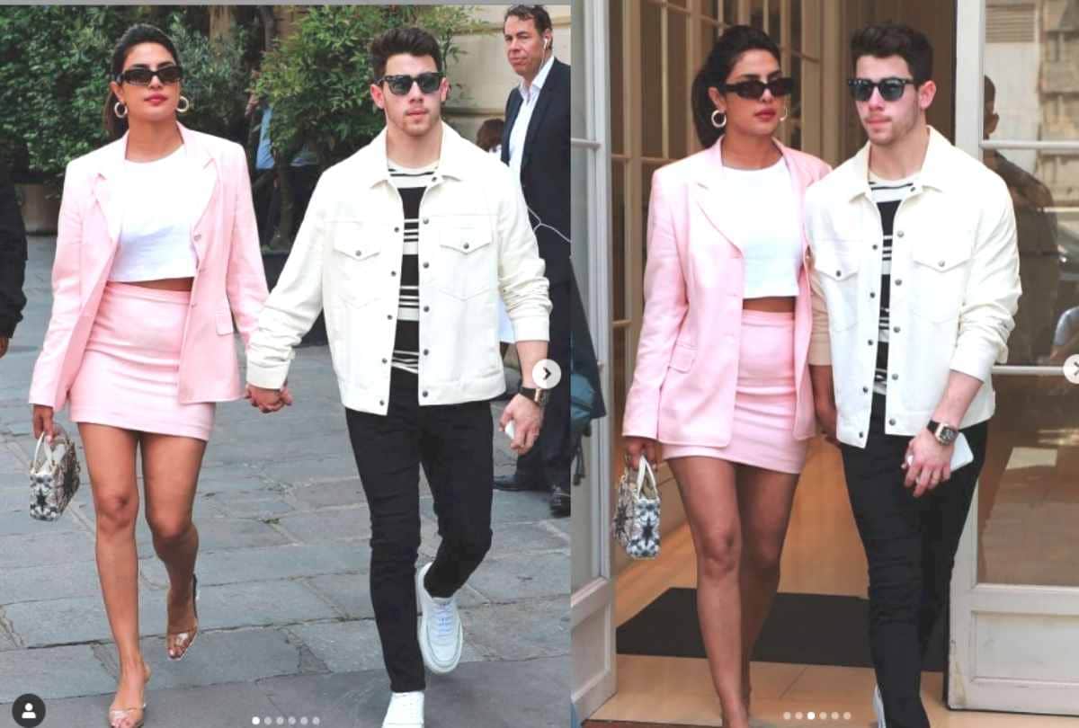 priyanka chopra spot in pink mini dress with husband nick jonas in paris