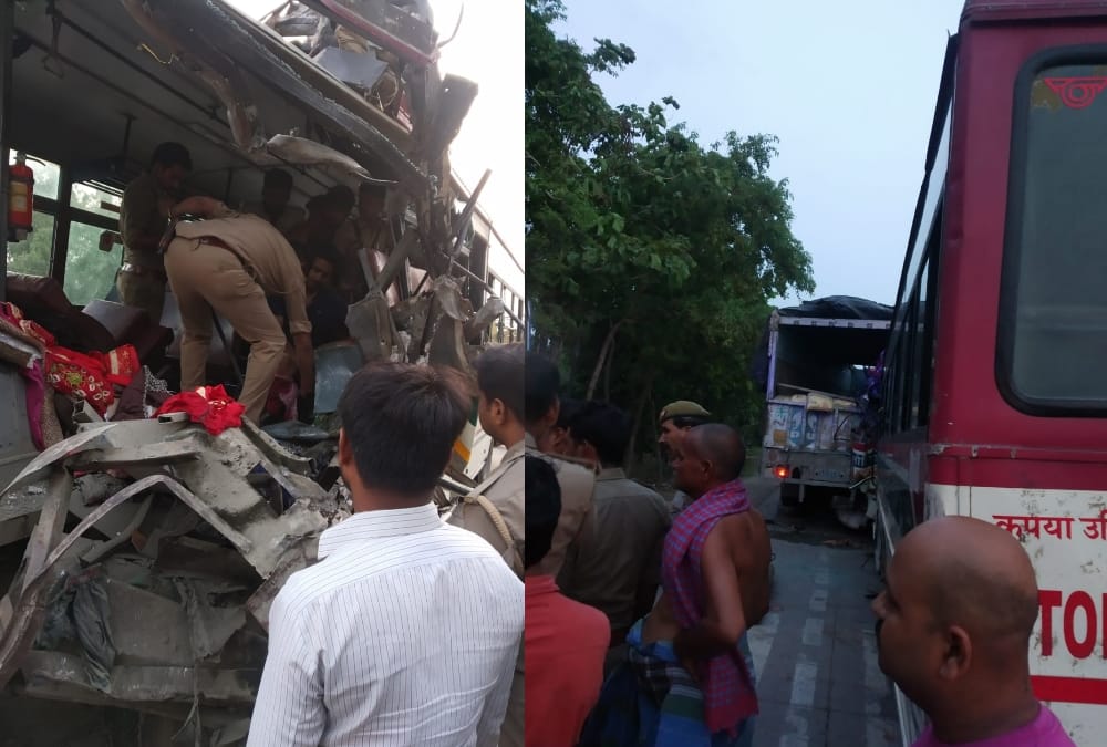 Many injured when a bus crushed in a truck.
