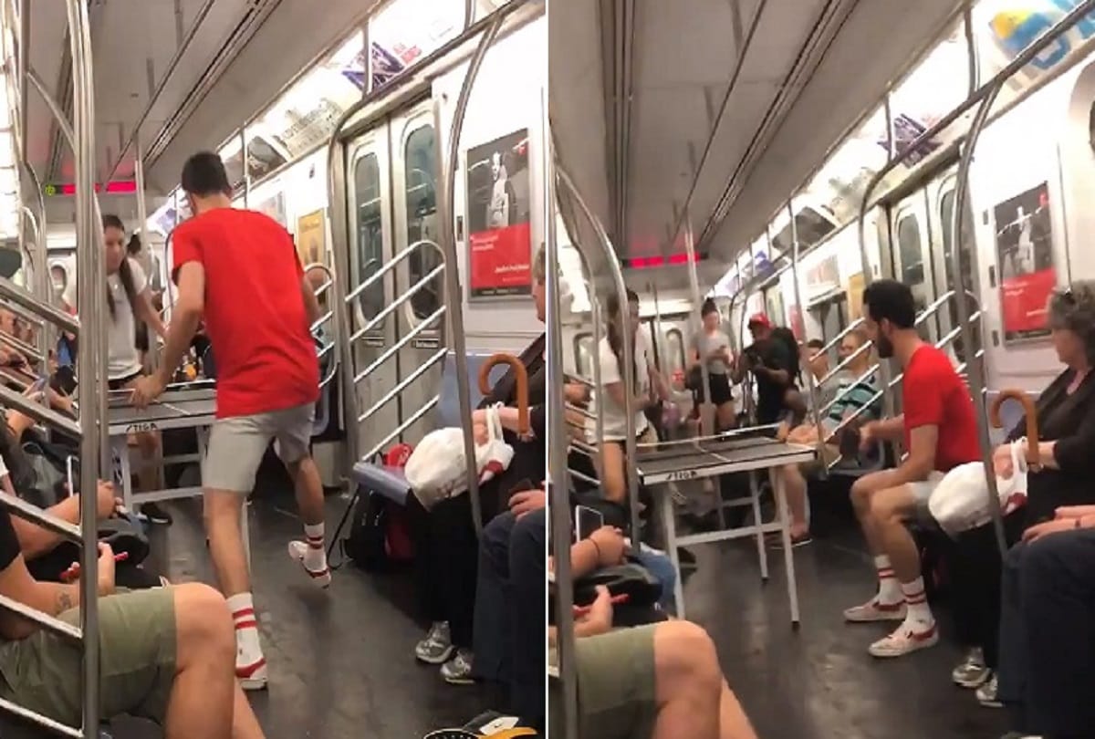 Couple playing ping pong game in the moving train video viral