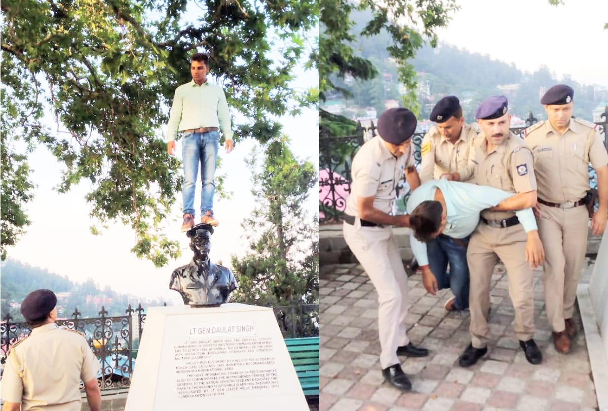man arrested in shimla climbed on statue of lieutenant General Daulat Singh