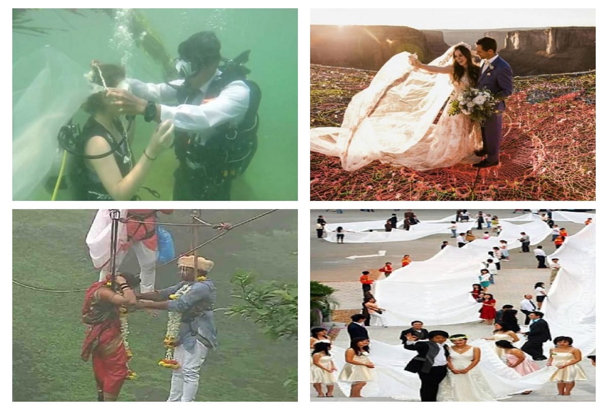 Weird marriages in the world Someone hanging in the air and someone got married inside the water