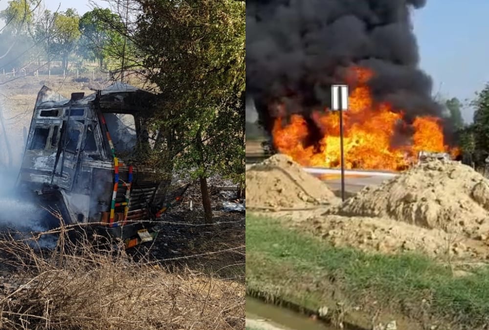 oil tanker cathes fire after accident in barabanki.