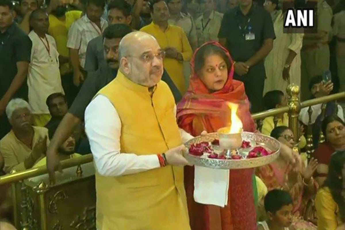 Amit Shah and his wife Sonal offer prayers at Lord Jagannath Temple in Ahmedabad
