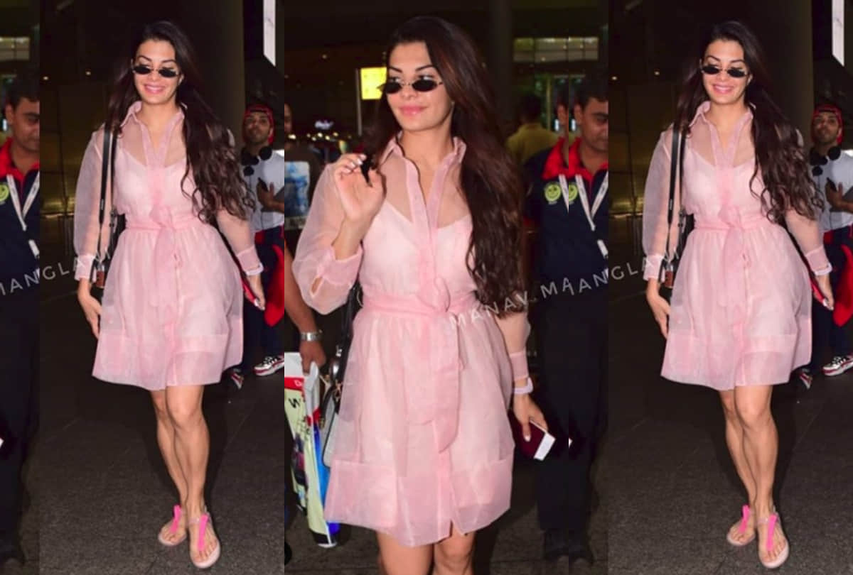 jacqueline fernandez airport look pink transparent dress stunning monsoon style