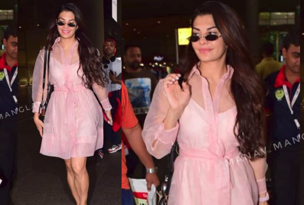 jacqueline fernandez airport look pink transparent dress stunning monsoon style
