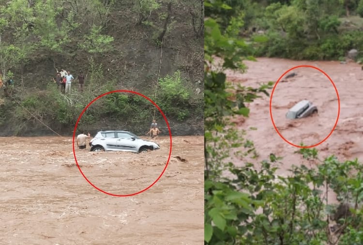 Suddenly Water Came In Ghaggar River And A Car Started Flowing In Panchkula
