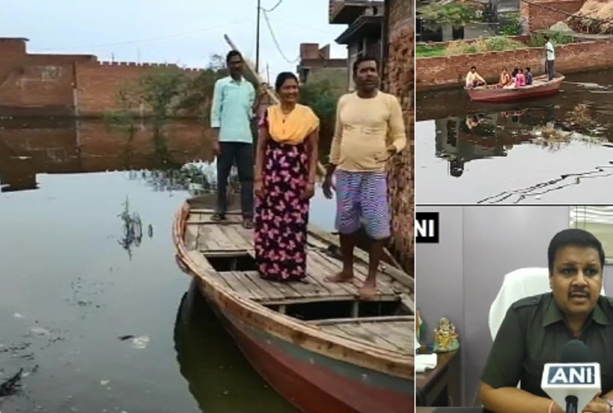 Colony Resident use boat due to severe water logging following heavy rainfall in Moradabad UP