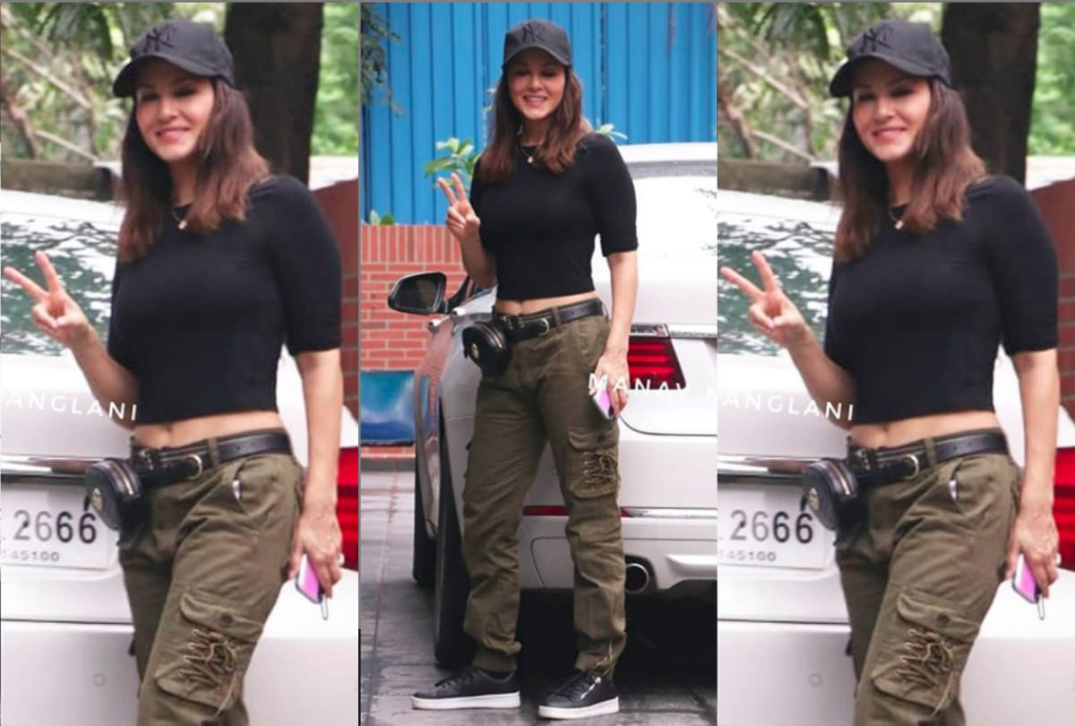 sunny leone black top khaki pants athleisure sporty look all stunning