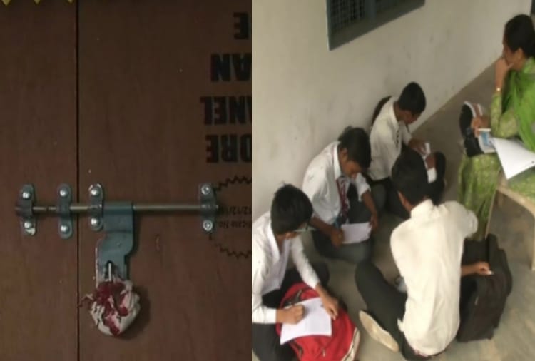 Students study outside as classrooms are filled with EVMs at a govt school in Ludhiana
