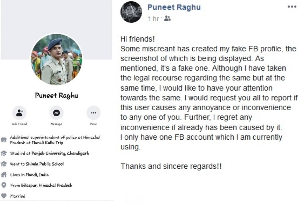 Miscreants created Fake Facebook  account of Mandi ASP Punit Raghu