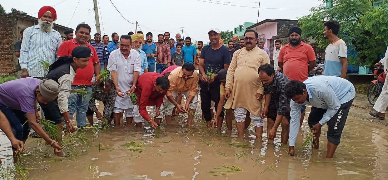 Order Chauhan and others, protesting against roping in the potholes of the road.