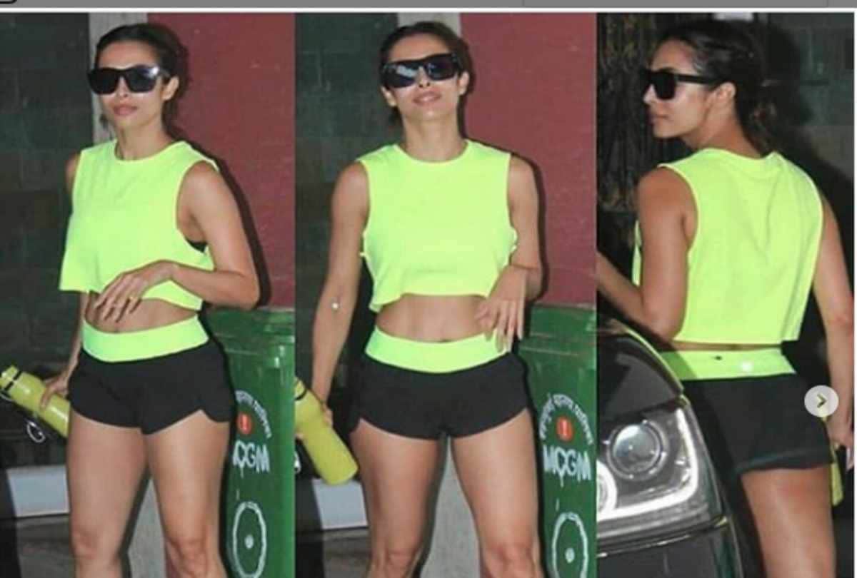 malaika arora looks stylish in her neon crop top and shorts outside gym
