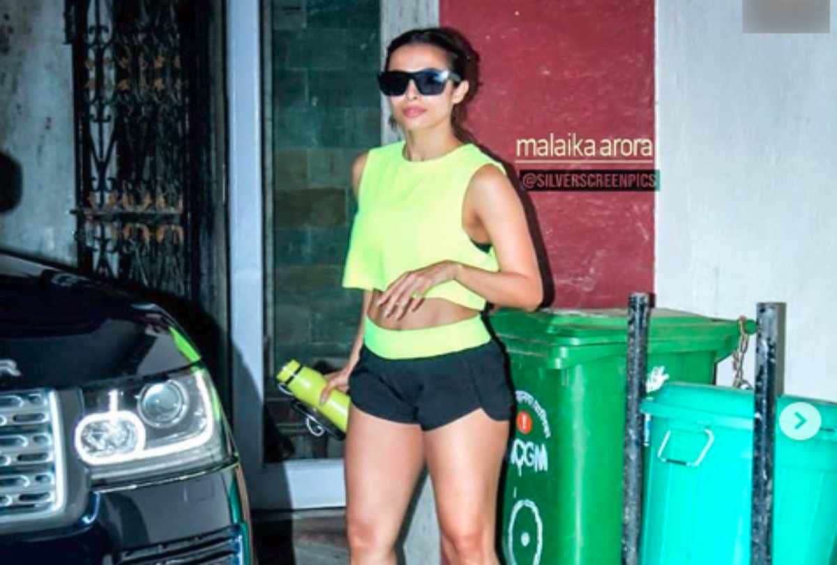 malaika arora looks stylish in her neon crop top and shorts outside gym
