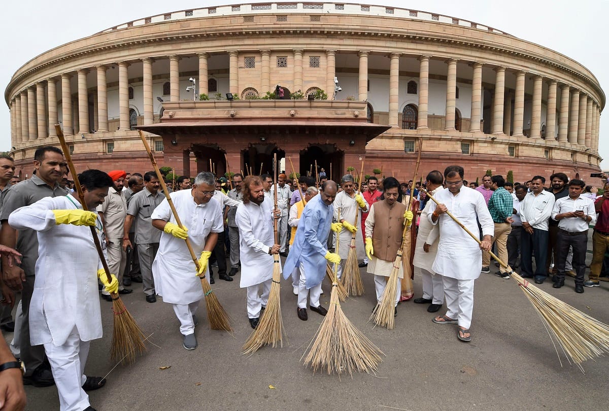Swachhata Mission in Parliament: Lok Sabha Speaker Om Birla and MPs broom in premises