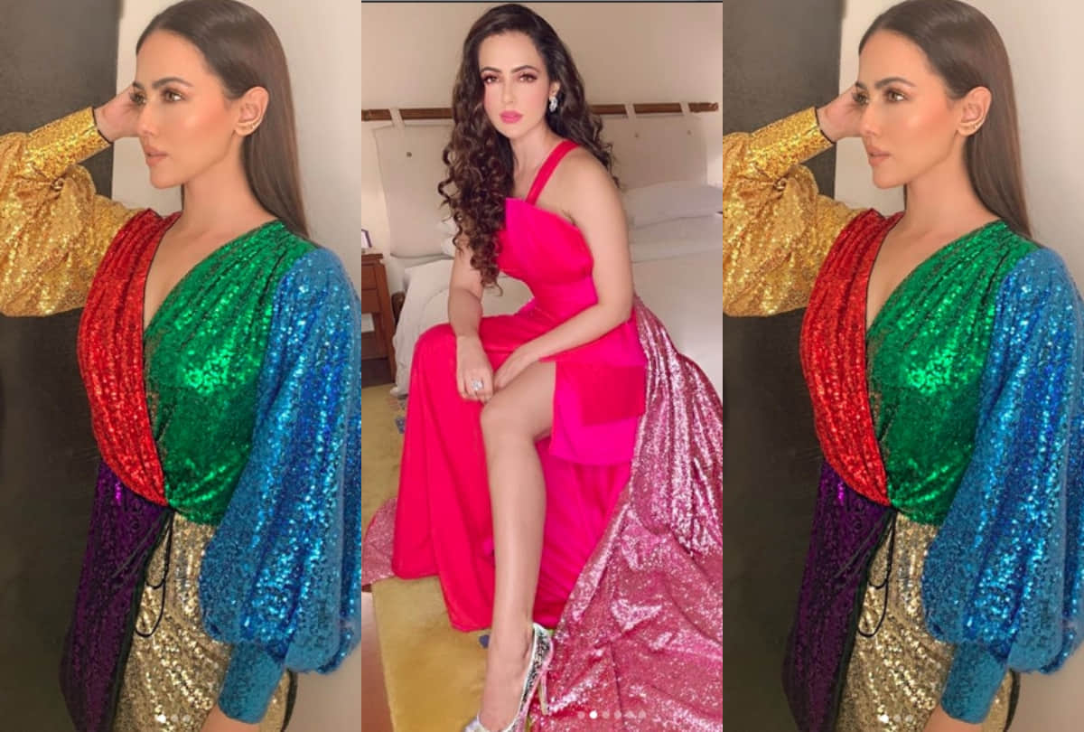 sana khan looks gorgeous in rainbow hued shimmer dress