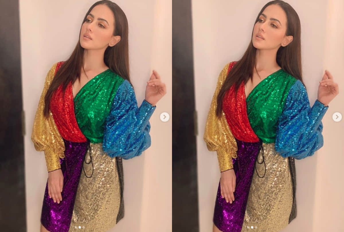 sana khan looks gorgeous in rainbow hued shimmer dress