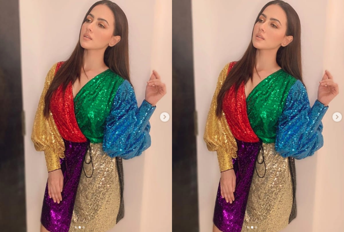 sana khan looks gorgeous in rainbow hued shimmer dress