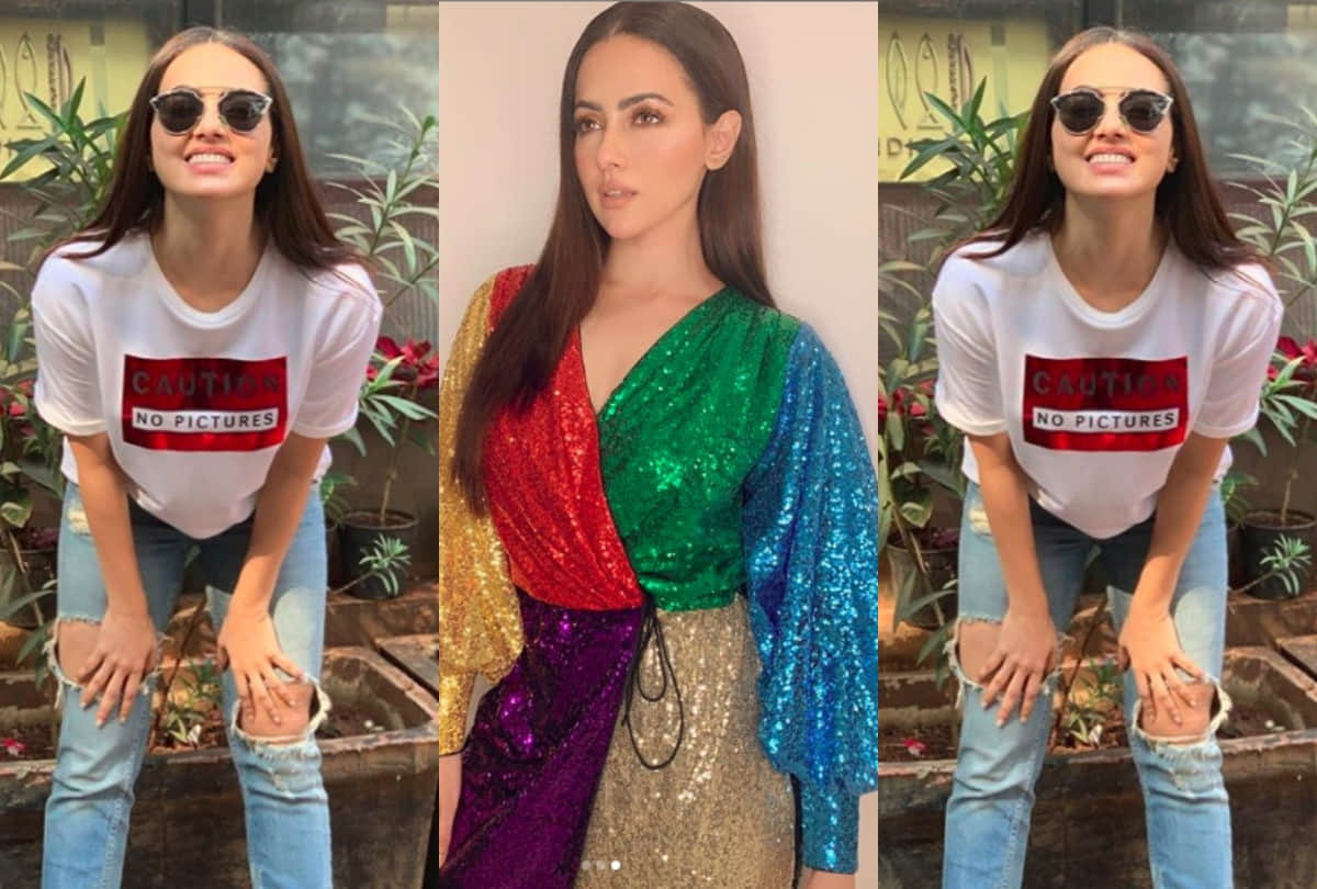 sana khan looks gorgeous in rainbow hued shimmer dress