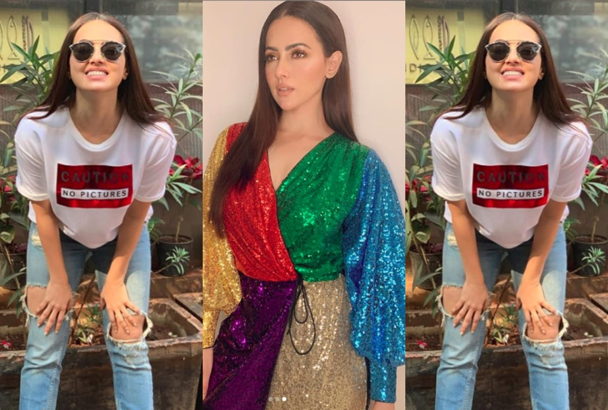 sana khan looks gorgeous in rainbow hued shimmer dress