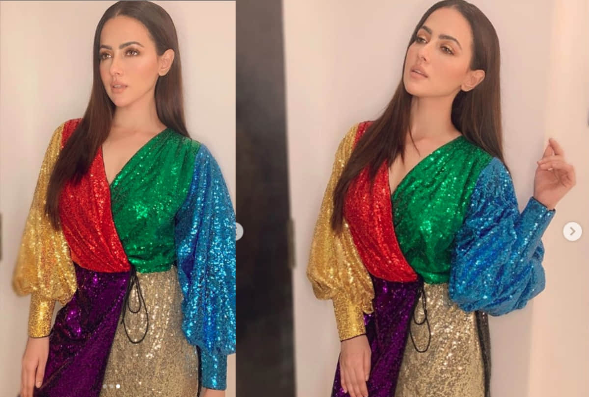sana khan looks gorgeous in rainbow hued shimmer dress