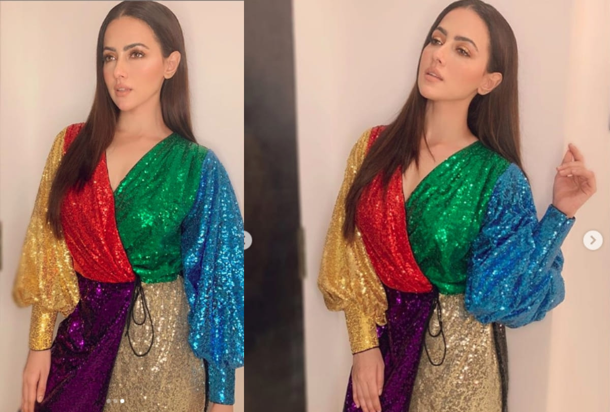 sana khan looks gorgeous in rainbow hued shimmer dress