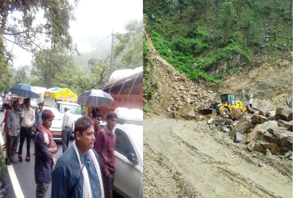 Vehicles stuck on Highway after landslide in uttarakhand mountains area
