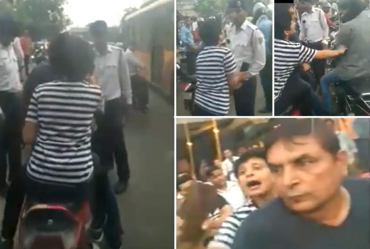 delhi drunk bike borne woman man manhandled traffic police cop arrested in mayapuri
