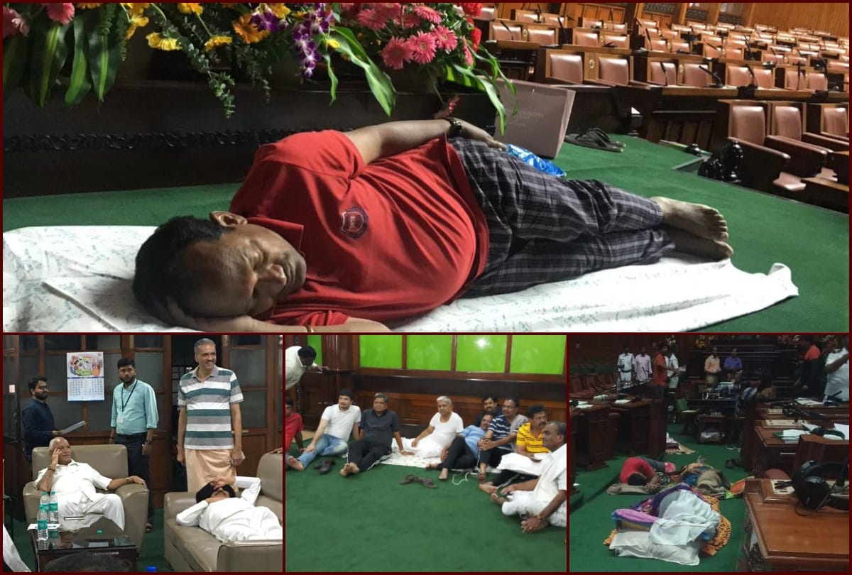 BJP legislators on an over night 'dharna' at the Vidhana Sabha over their demand of floor test