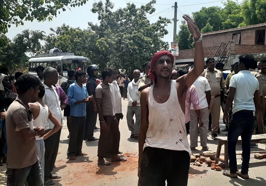 Road jam after accident, demolished bus