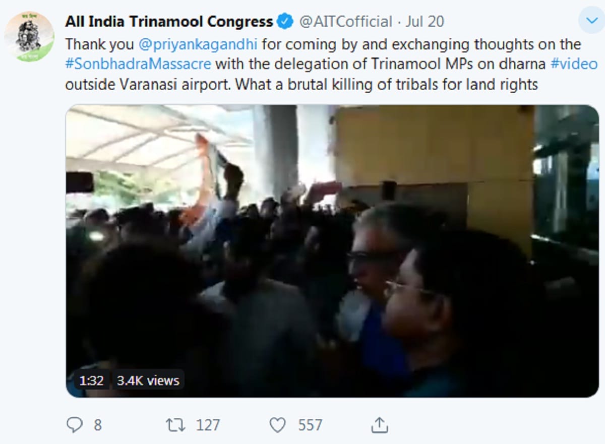 TMC tweet thank you for priyanka gandhi on discussion of sonbhadra clash in varanasi airport