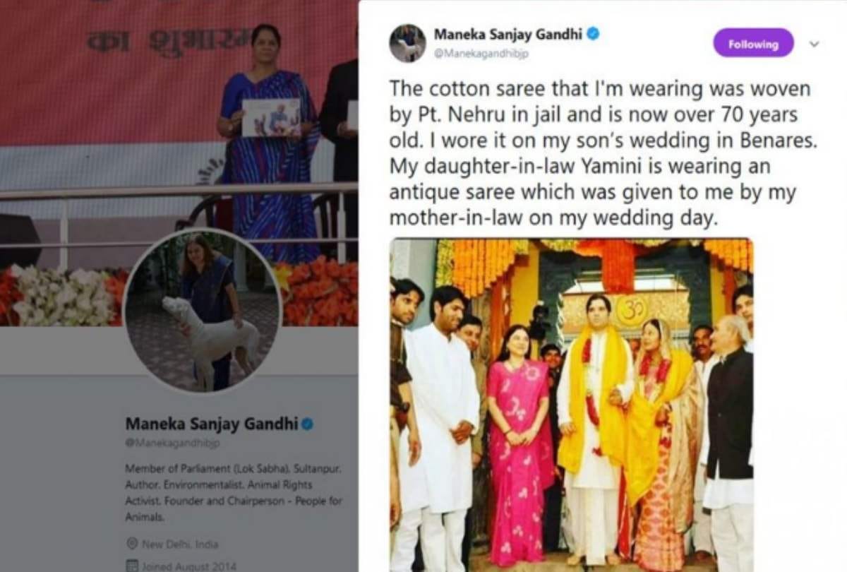 maneka gandhi tweets i wearing saree woven by pandit nehru in jail on varun wedding then deletes it