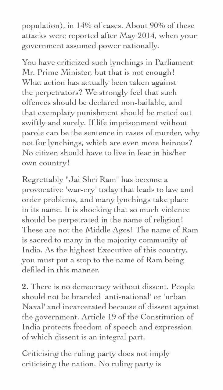 40 bollywood celebrities wrote a open letter to pm narendra modi against mob lynching