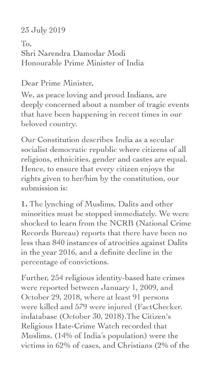 40 bollywood celebrities wrote a open letter to pm narendra modi against mob lynching