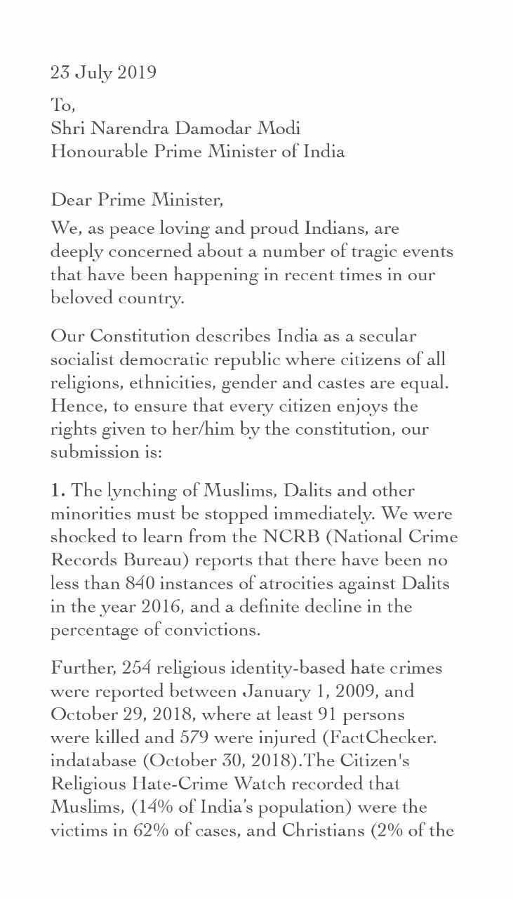 40 bollywood celebrities wrote a open letter to pm narendra modi against mob lynching