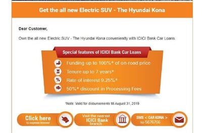 ICICI bank offers zero down payment on Hyundai Kona Electric SUV for upto 7 years loan