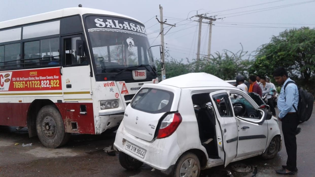 private bus hit car