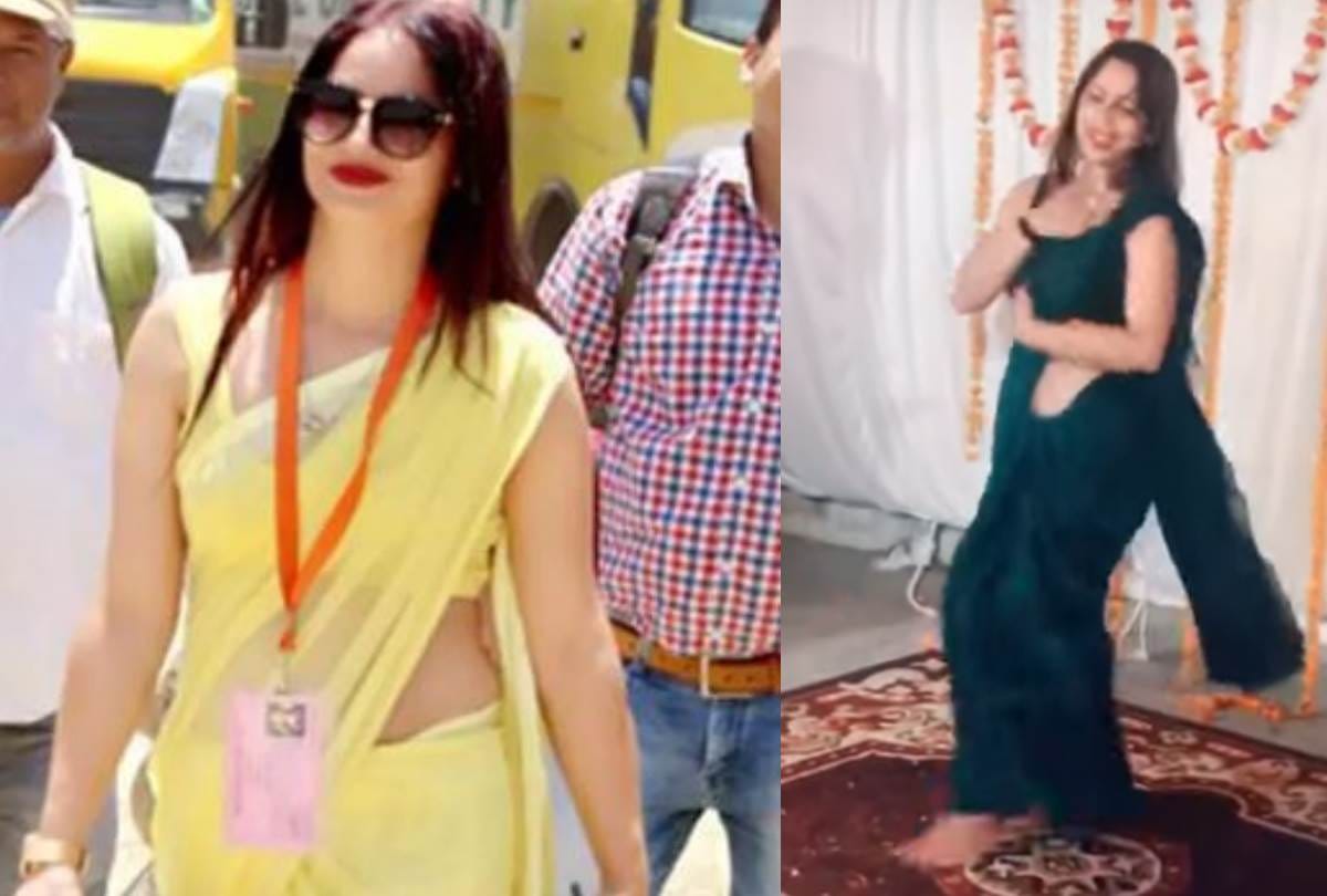 yellow saree women reena dwivedi new dance video in blue saree is going viral