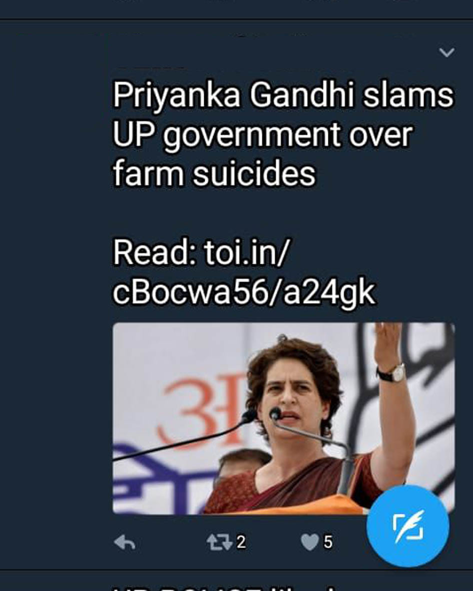 Priyanka assures government over farmers' suicides
